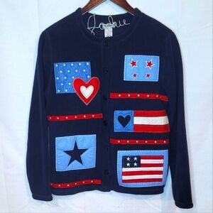 Vintage Fashion Bug American Flag Fleece Button Down Sweater Cardigan Size Small